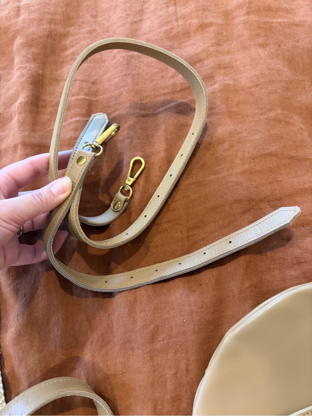 Tan Leather Crescent Crossbody Sling Bag With Gold Accents — image 6 of 6